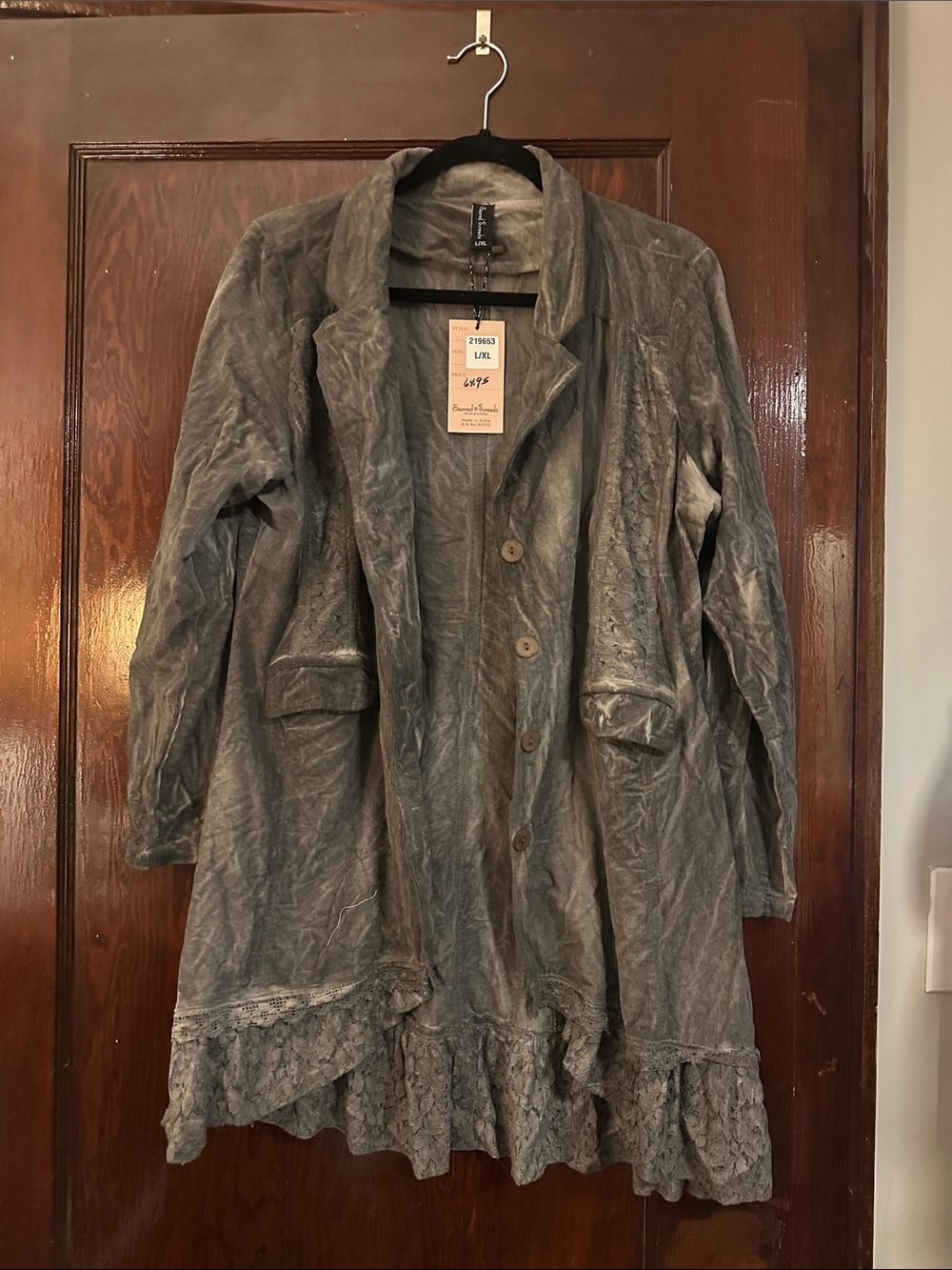 Sacred Threads Gray Velvet Lace-Trim Blazer